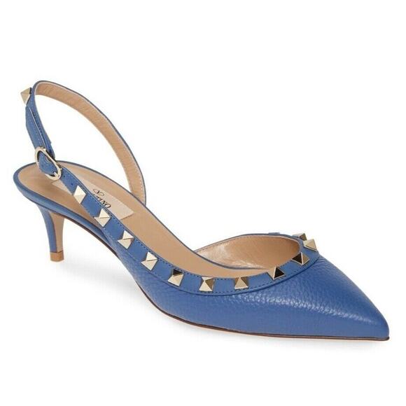 Valentino Rockstud 50 Blue Gold Stud Slingback Strap Sandal Kitten Heel Pump 38 - Picture 2 of 11